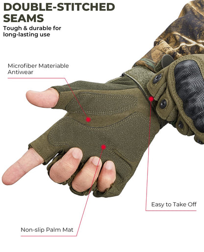 KEMIMOTO Fingerless Tactical & Motorcycle Gloves for Men, Outdoor Work Sports, Cycling, Hunting, Hiking & Camping