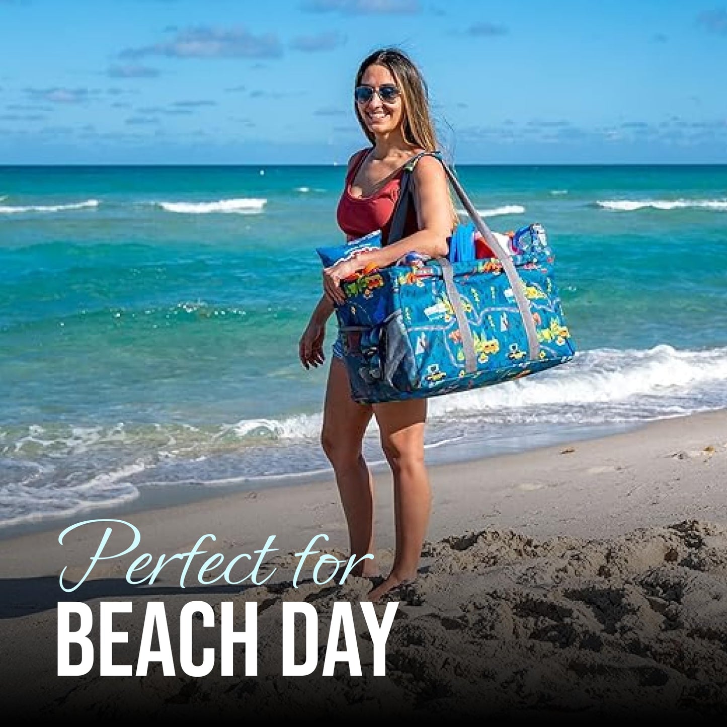 Lucazzi Extra Large Utility Tote Bag - Oversized Collapsible Reusable Wire Frame Rectangular Canvas Basket With Two Exterior Pockets For Beach, Pool, Laundry, Car Trunk, Storage - Camping