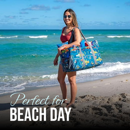 Lucazzi Extra Large Utility Tote Bag - Oversized Collapsible Reusable Wire Frame Rectangular Canvas Basket With Two Exterior Pockets For Beach, Pool, Laundry, Car Trunk, Storage - Camping