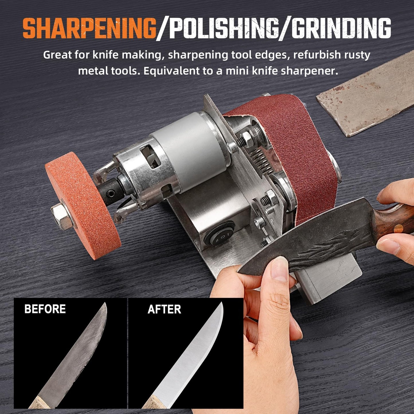 Mini Electric Belt-Sander Knife-Sharpener Sanding Machine - Small Bench Grinder Kit 7 Speed Adjustable Power Polisher DIY Polishing Grinding Tool For Knife Making, Wood Metal Working, Handcraft