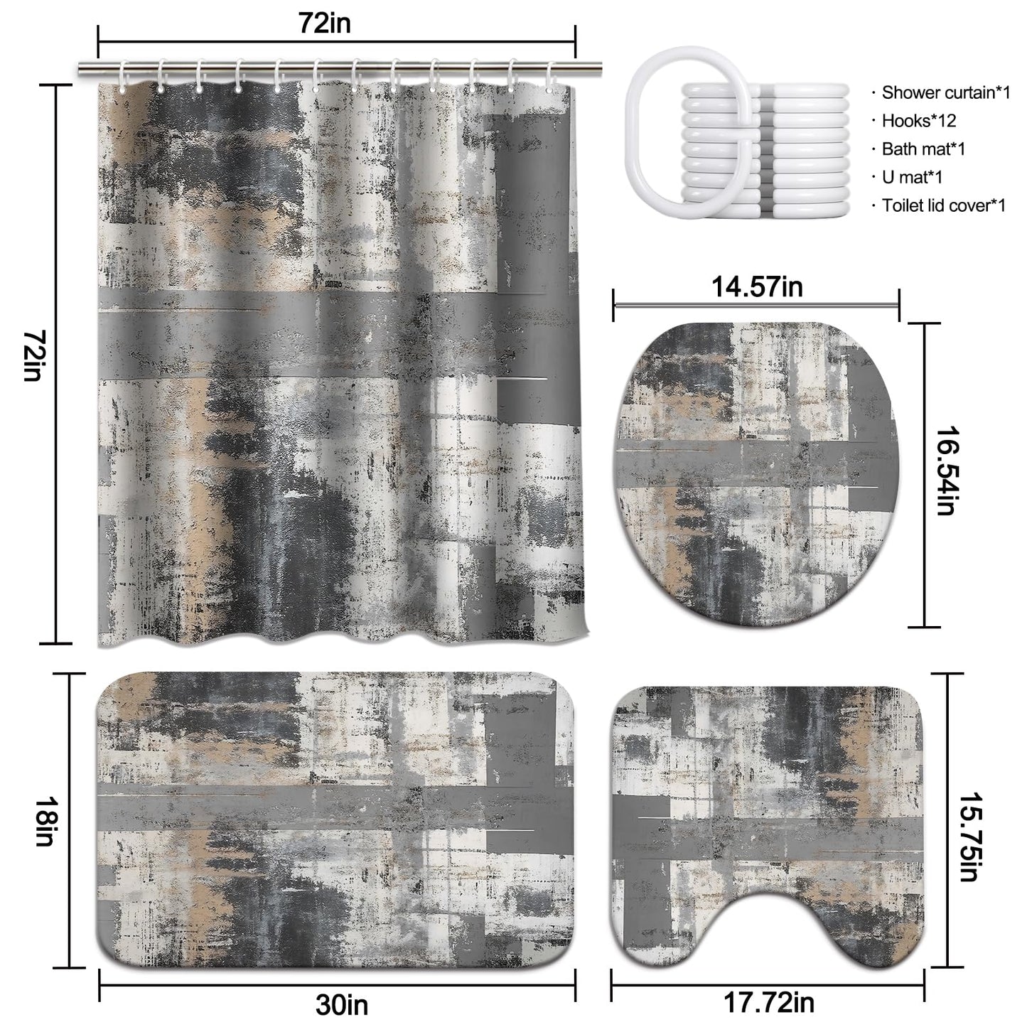 Lnond 4Pcs Bathroom Shower Curtain Sets with Rugs,Black and Grey Painting Art Bathroom Sets with Shower Curtain and Rugs and Accessories