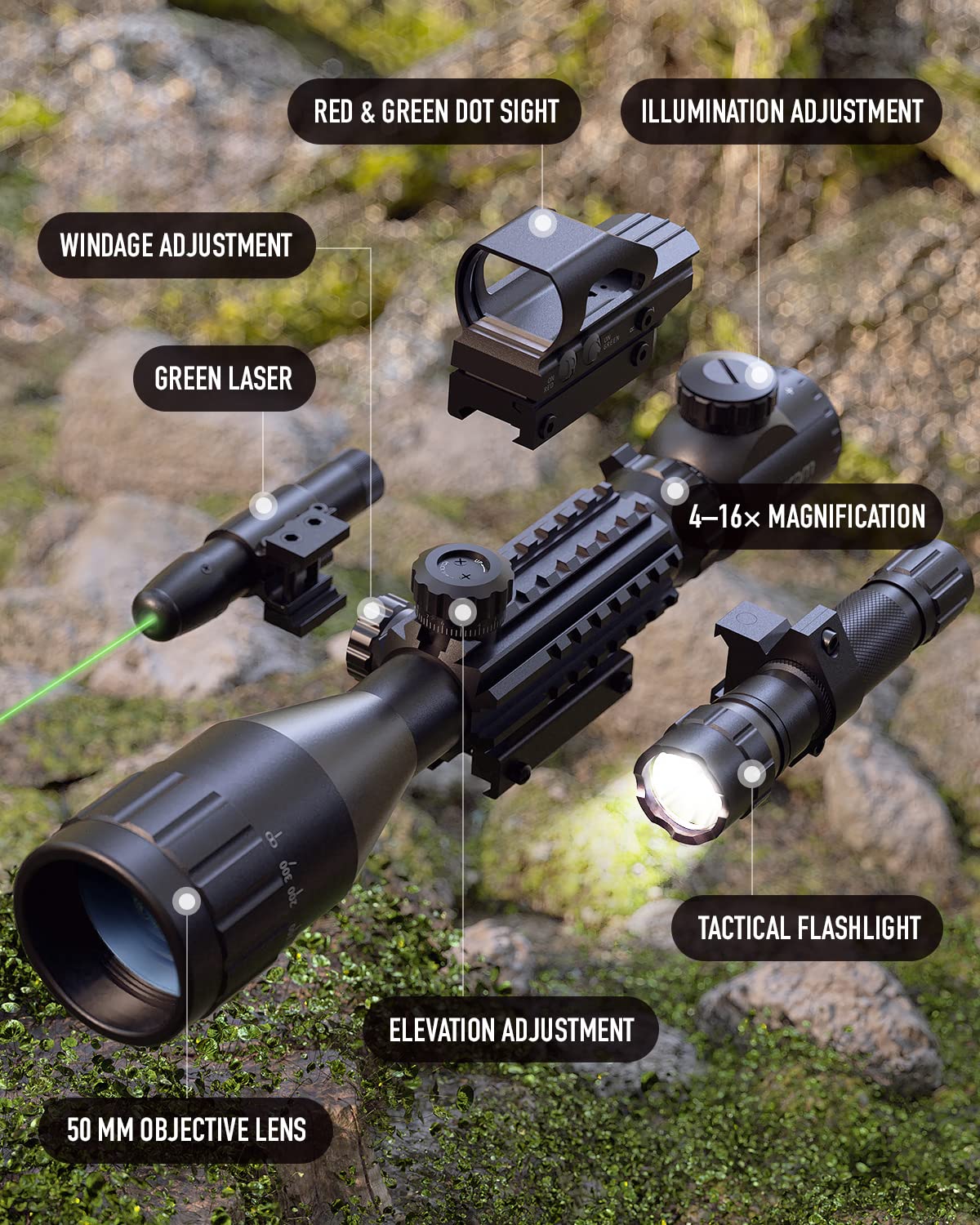 HIRAM 4-16x50 AO Rifle Scope Combo with Green Laser, Reflex Sight, and 5 Brightness Modes Flashlight