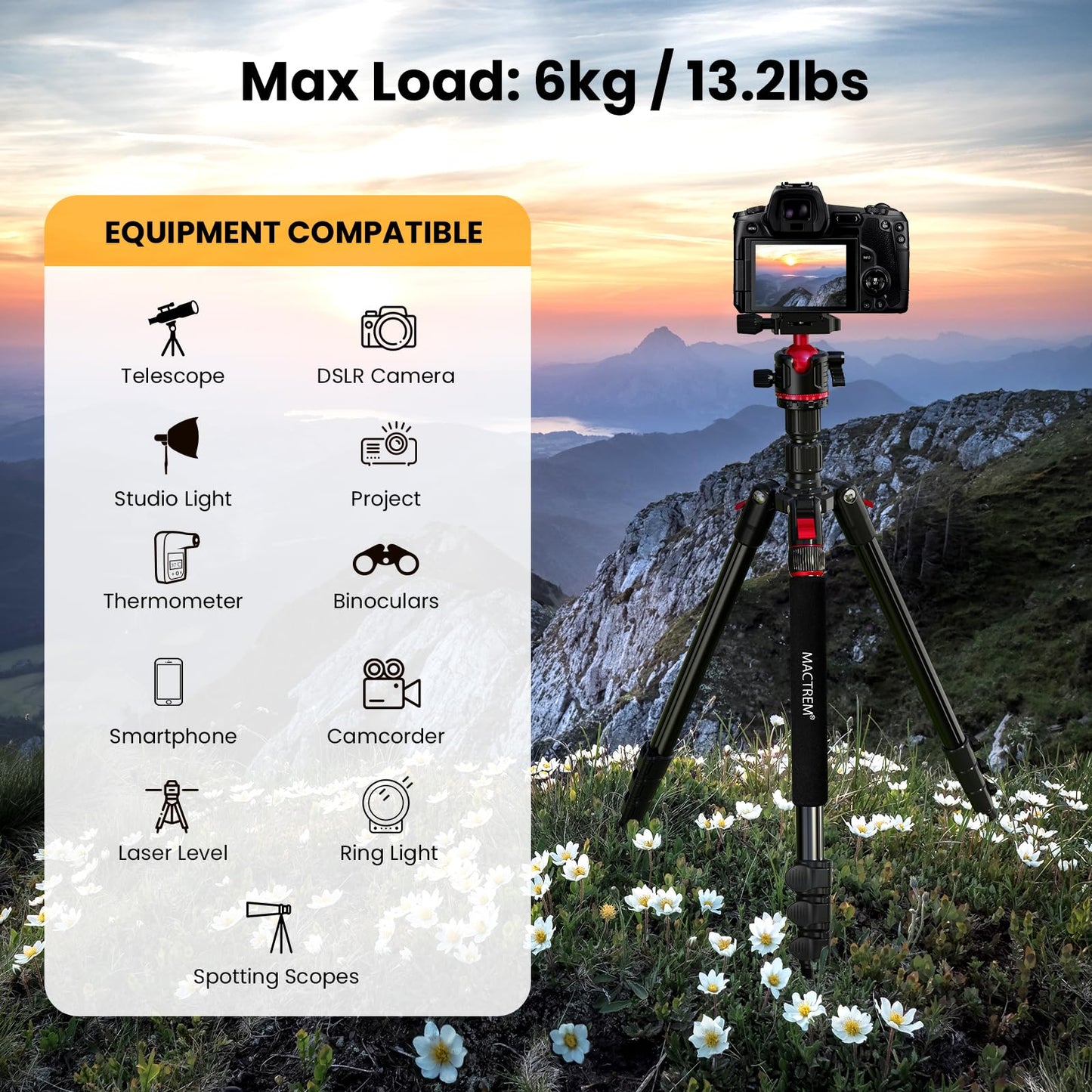 MACTREM Camera Tripod, 67 inch/172cm Aluminum Travel Tripod & Monopod with 360°Ball Head, Lightweight Camera Stand for Smartphone iPad Canon Nikon Sony Binoculars Laser Level Telescope