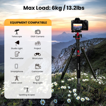 MACTREM Camera Tripod, 67 inch/172cm Aluminum Travel Tripod & Monopod with 360°Ball Head, Lightweight Camera Stand for Smartphone iPad Canon Nikon Sony Binoculars Laser Level Telescope