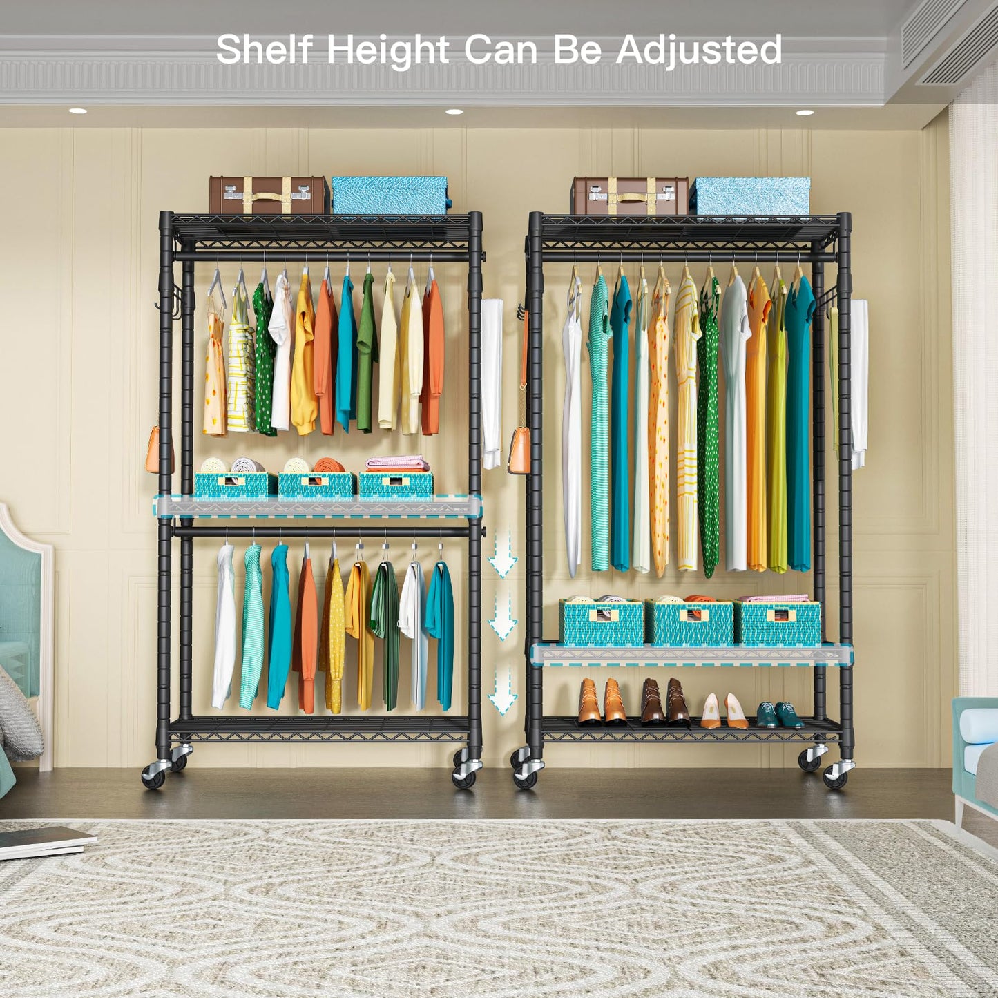 FUTASSI P1 Heavy Duty Garment Rack, 3 Tiers Adjustable Rolling Metal Closet Organizer with Lockable Wheels, FreeStanding Wardrobe with Double Hanger Rods & 1 Pair Hooks, Max Load 450 LBS, Black