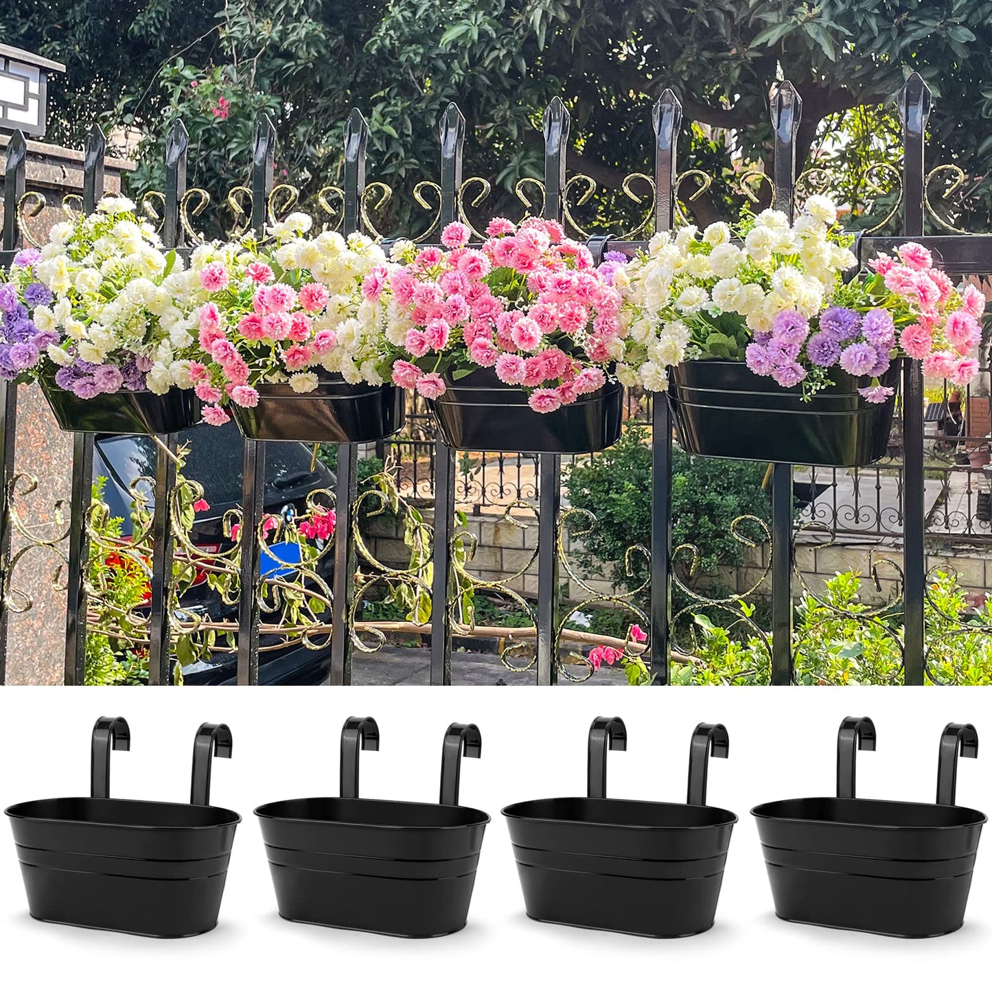 OGIMA 4pcs Hanging Flower Pots, Metal Iron Wall Planter Indoor/Outdoor for Railing Fence Balcony Garden Home Decoration with Detachable Hooks