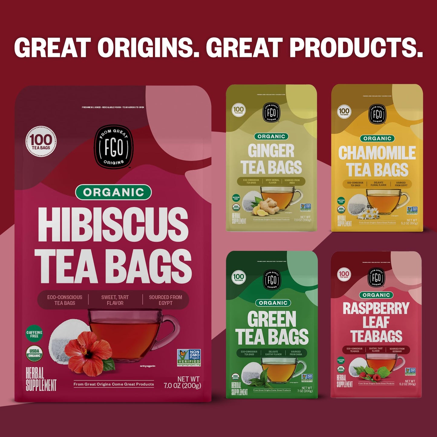FGO Organic Hibiscus Herbal Tea, 40 Count, Eco-Conscious Tea Bags, Caffeine Free (Pack of 1)