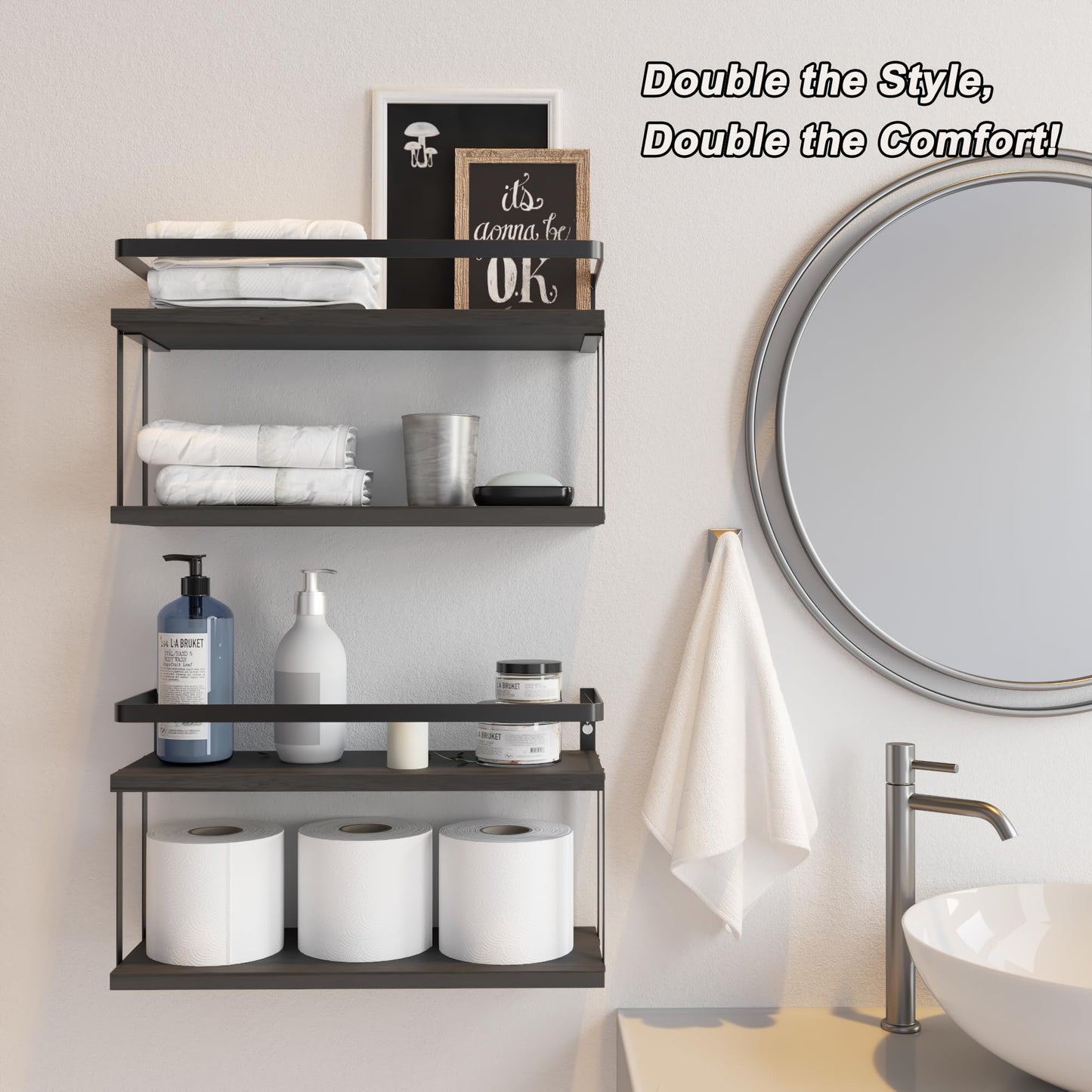 RICHER HOUSE Dual-Level Guardrail Floating Shelves, Rustic Wood Bathroom Shelf Wall Mounted, Over Toilet Paper Storage Shelves for Wall Decor, Bathroom Organizers - Black