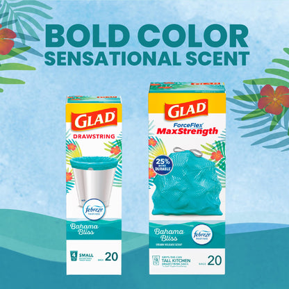 Glad Small Trash Bags 4 Gallon, Febreze Bahama Bliss Garbage Bags, Odor Resistant with Drawstring, 80 Count