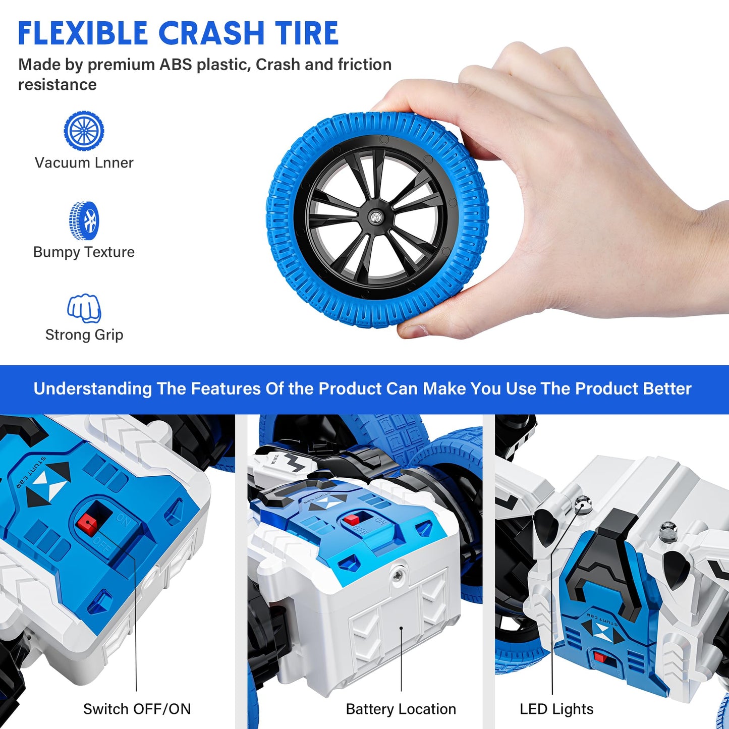 Remote Control Car, Double Sided RC Car, 4WD Off-Road Stunt Car with 360° Flips, 2.4Ghz Indoor Outdoor All Terrain Rechargeable Electric Toy Cars Gifts for Boys Kids 3 4 5 6 7 8 9 10 11 12 Year Old