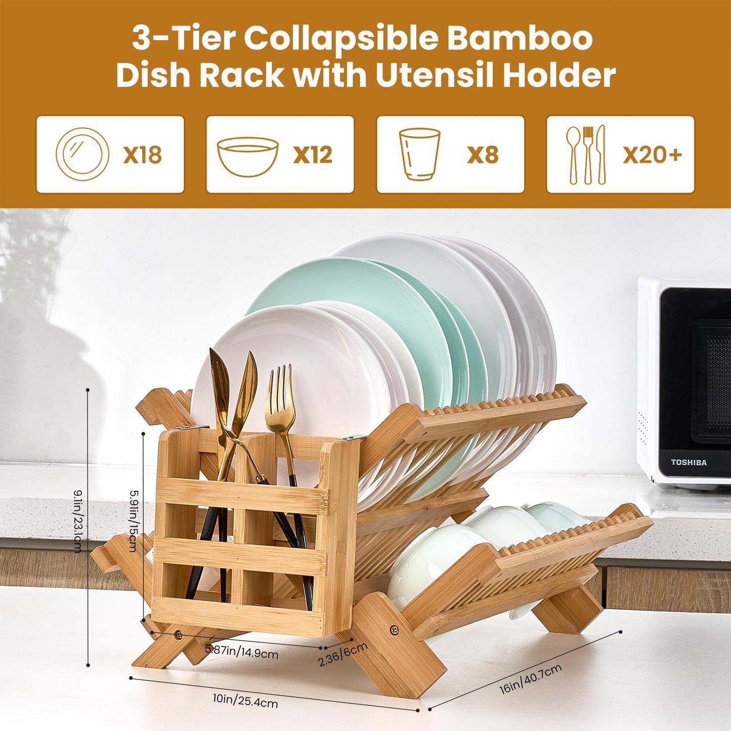 NOVAYEAH Bmaboo Dish Drying Rack for Kitchen Counter 3-Tier Collapsible Wooden Dish Drying Rack with Utensil Holder Dish Drainer Large Folding Dish Rack with Utensils Flatware Holder 51 pcs Grid