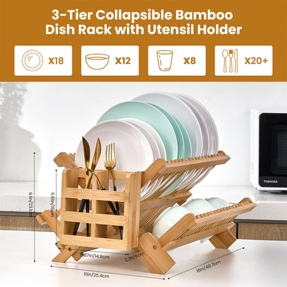 NOVAYEAH Bmaboo Dish Drying Rack for Kitchen Counter 3-Tier Collapsible Wooden Dish Drying Rack with Utensil Holder Dish Drainer Large Folding Dish Rack with Utensils Flatware Holder 51 pcs Grid