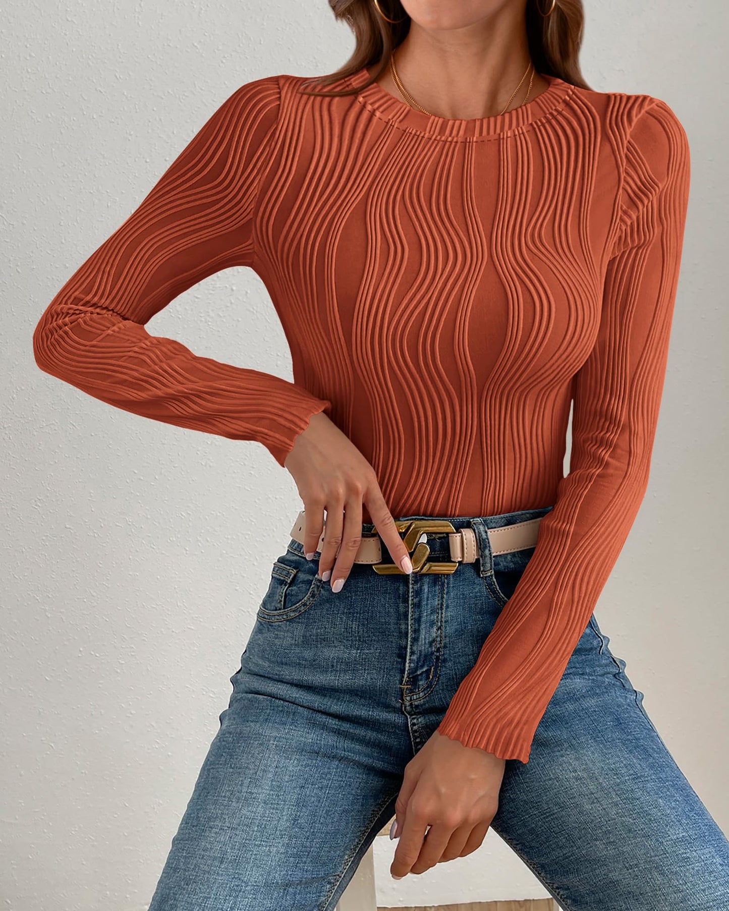 PRETTYGARDEN Women's Tops 2025 Fall Fashion Long Sleeve Crewneck Blouse Slim Fit Textured Basic Knit T Shirt Y2k Clothes(Brick Red,Medium)