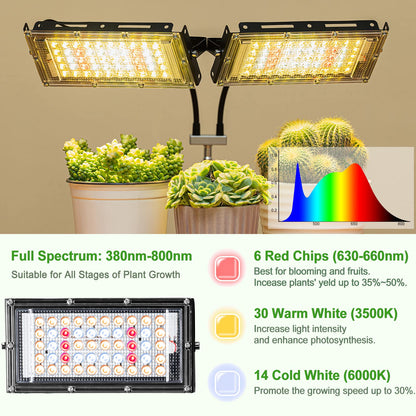 LBW Grow Light for Indoor Plants, Dual Heads Full Spectrum LED, Auto On/Off Timer, 6 Dimmable Levels, 3 Switch Modes, Adjustable Tripod Stand 15-63 inches