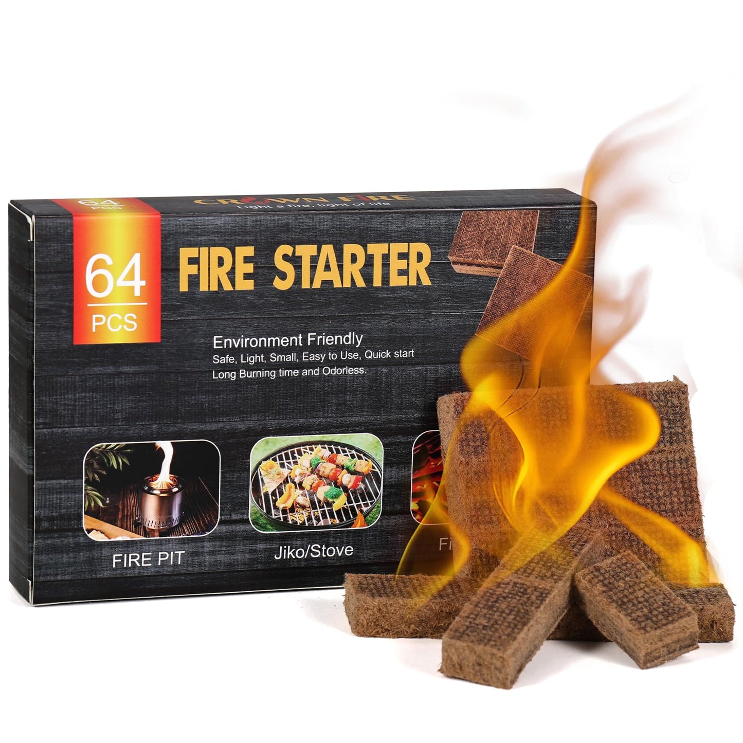 Fire Starter Cubes 64 Pcs - Fire Starters for Fireplace Indoor Outdoor Fire Pit, Chimney, BBQ Grill, Camping Fire, Wood Stove - Water Resistant and Safe Odorless Charcoal Starter - Camping Accessories