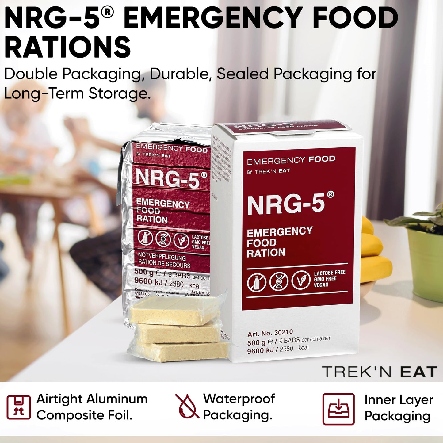 Katadyn NRG-5 Emergency Food Ration 500g Pack of 1 (9 Bars) Ready to Eat 2380 kcal, Vegan, Lactose-Free, GMO-Free | Long-Term Survival, Emergency Preparedness and Outdoor Adventure Food Bar