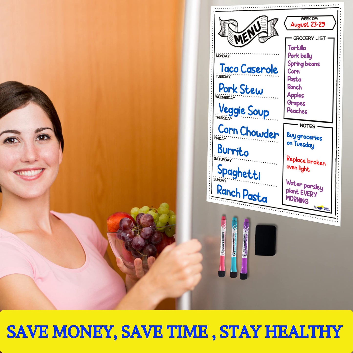 Magnetic Weekly Meal Planner for Refrigerator – 16x12” Dry Erase Menu Board for Kitchen – Fridge Calendar with 3 Markers & Eraser – Track Meals, Groceries, Notes & More – Easy-Clean Whiteboard