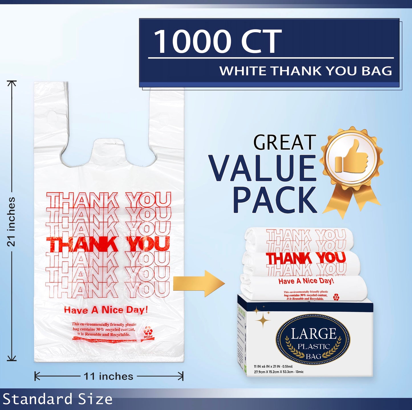 1000 Count White Disposable Thank You Bags with Handles - 11''x6''x21'' Plastic Carry Bags for Retail/Supermarket