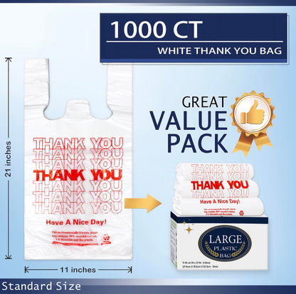 1000 Count White Disposable Thank You Bags with Handles - 11''x6''x21'' Plastic Carry Bags for Retail/Supermarket