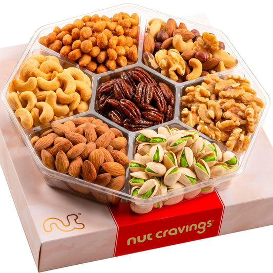 NUT CRAVINGS - Mixed Nuts Gift Basket in Red Gold Box (7 Assortments, 1 LB) Food Arrangement, Healthy Snack Care Package, Food Assortments