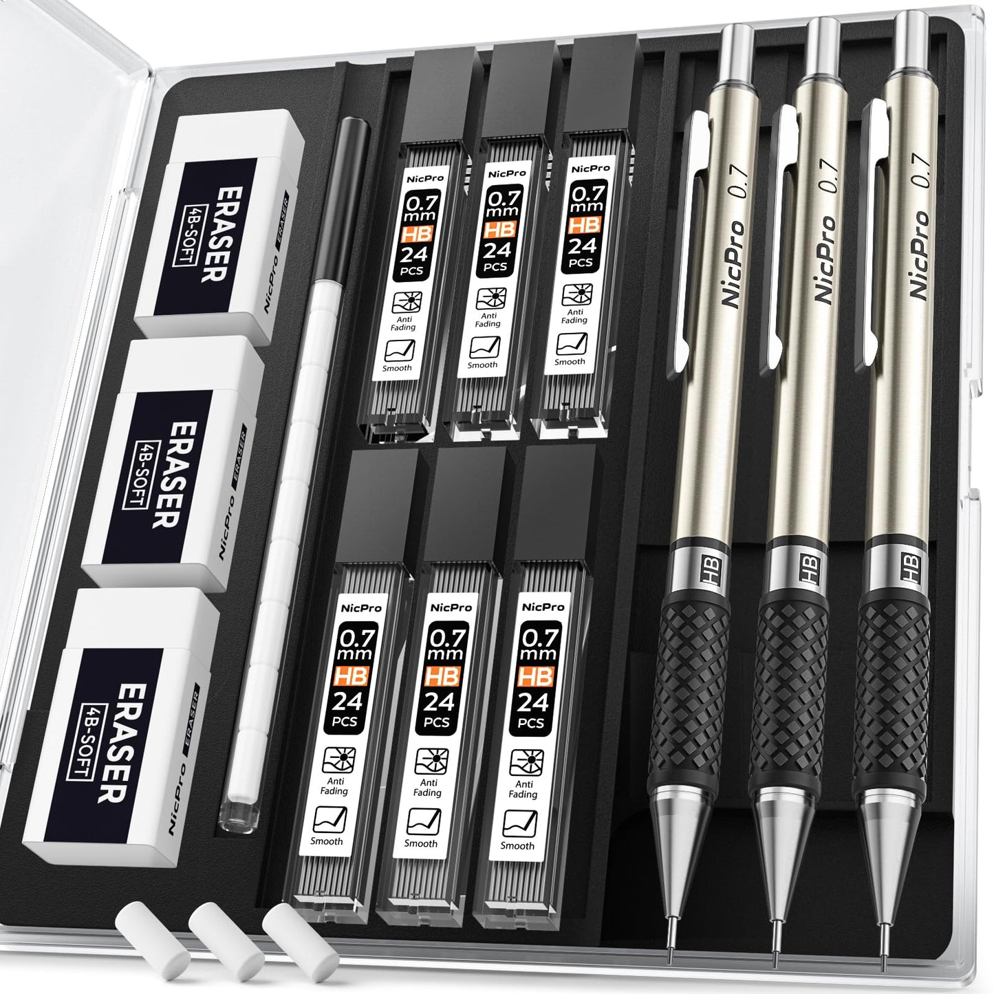 Nicpro 0.7 mm Art Mechanical Pencil Set in Storage Case, 3 PCS Metal Drafting Pencil Lead Pencil with 6 Tube HB Lead Refills, 3 Erasers, 9 PCS Eraser Refills for Artist Writing, Drawing, Sketching