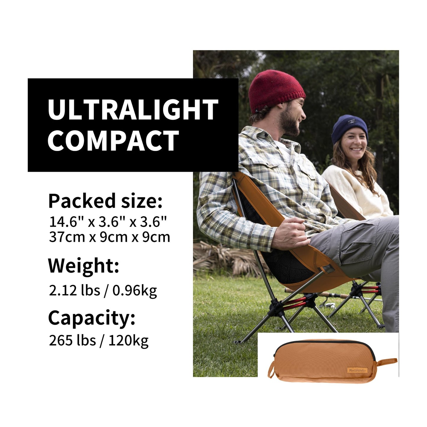 Naturehike YL08 Ultralight Camping Chair, 2.12 LBS Portable Backpacking Chair with Anti-Sinking Feet, Lightweight Compact Collapsible Camp Chair Folding Hiking Chair