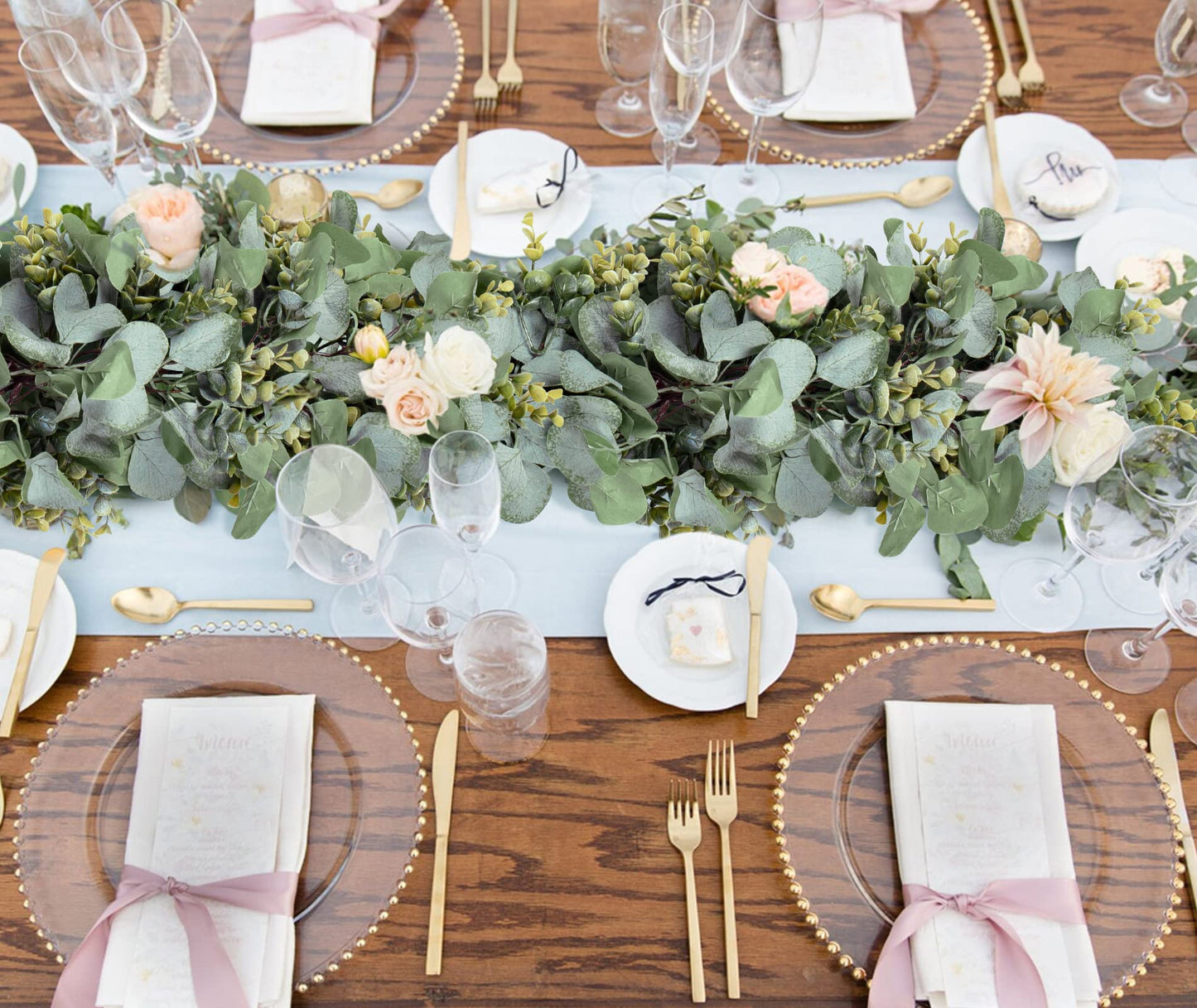 Ouddy Decor Eucalyptus Garland 6.56 Ft Lush Silver Dollar Leaves Boxwood Artificial Faux Greenery Vines for Baby Shower Wedding Party Table Runner Room Home Mantle Decor