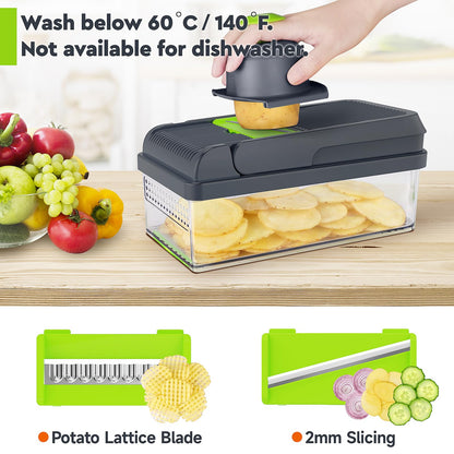 MealHelper 12-in-1 Vegetable Chopper, 7 Blade Veggie Chopper, Practical Food Chopper with Container, Cheese Grater, Home Essentials & Kitchen Gadgets(Green/Grey)