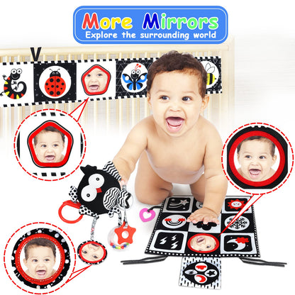 KUANGO Black and White High Contrast Baby Toys 0-6 Months with Mirror, Crinkle and Rattles, Soft Baby Toys for Brain Development Montessori Sensory Tummy Time Newborn Infant for 0 3 6 9 Months Old