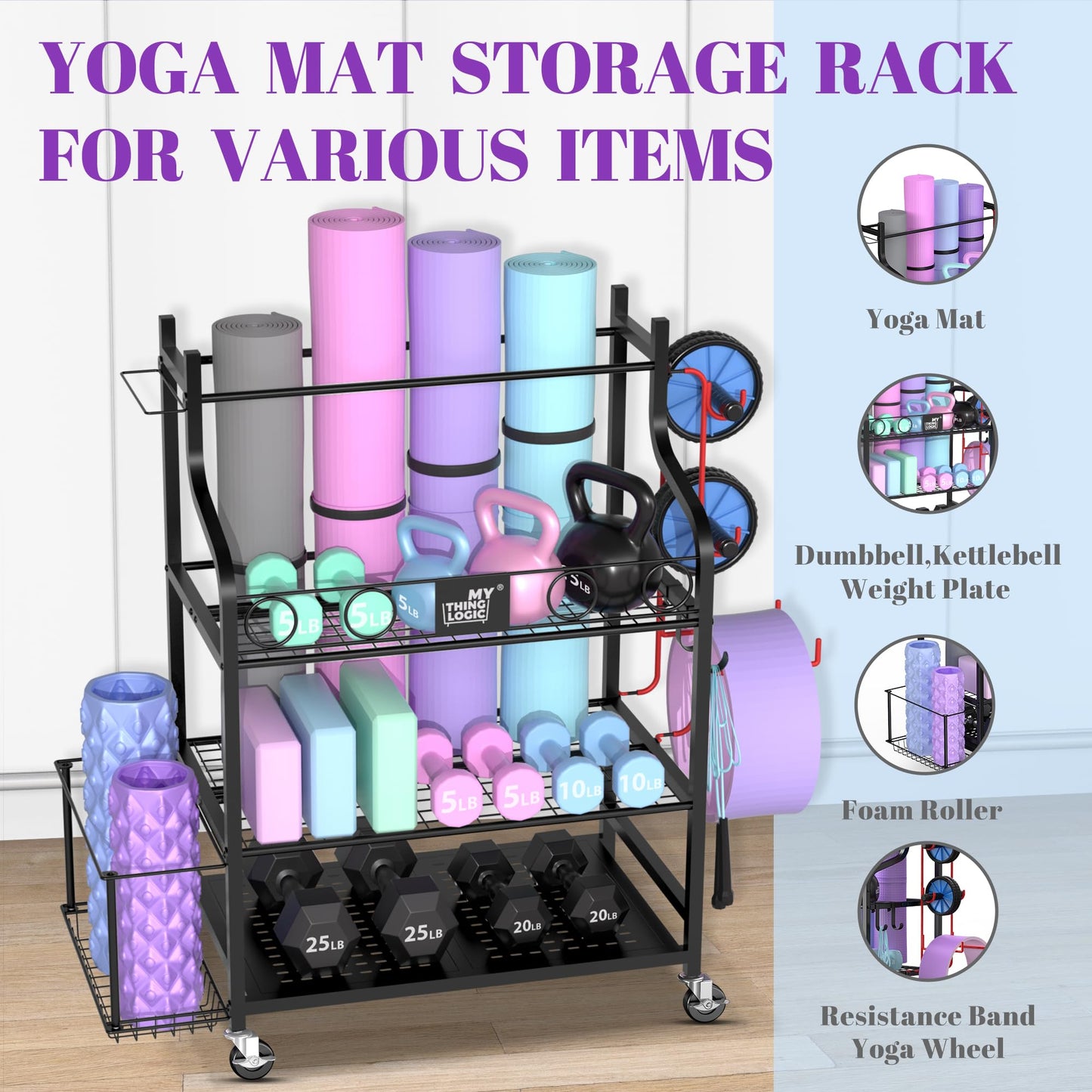 Mythinglogic Yoga Mat Storage Racks for Home, Gym Rack for Dumbbells Kettlebells Foam Roller, Yoga Strap and Resistance Bands, Workout Equipment Organizer With Hooks and Wheels