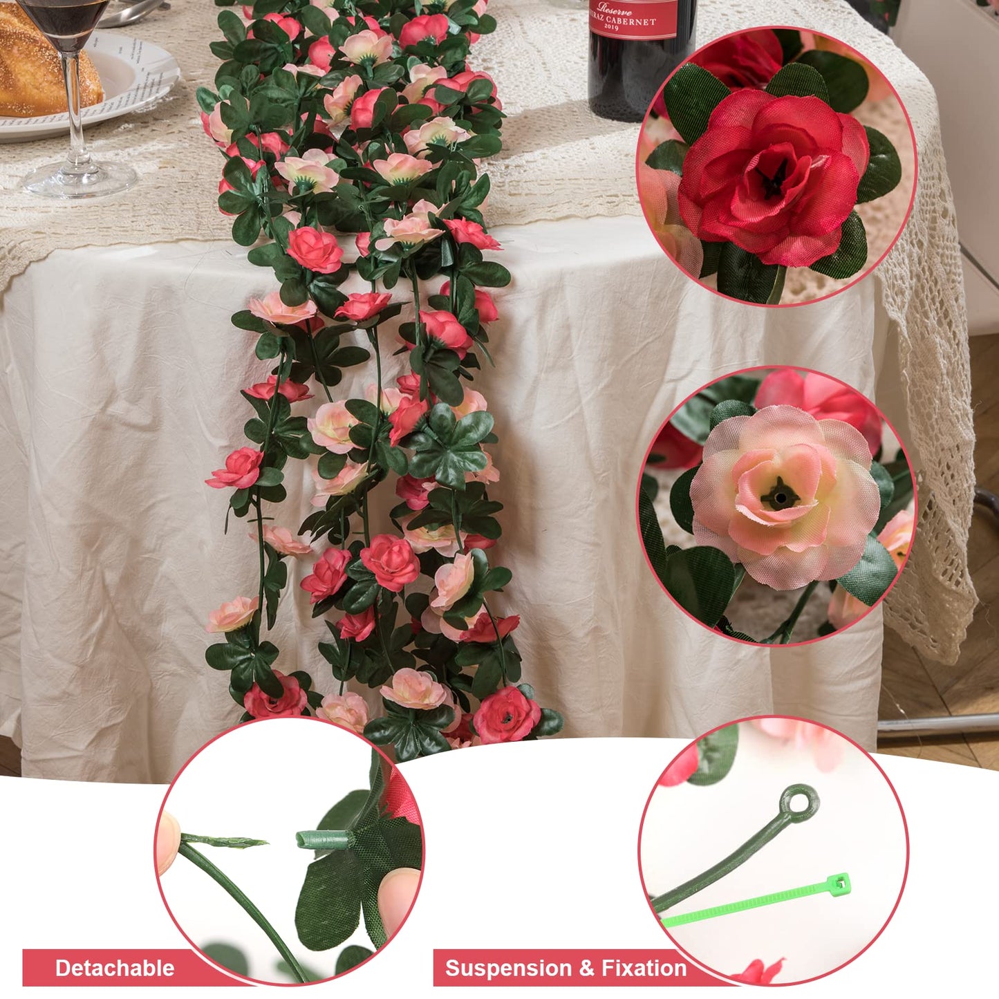 MARTINE MALL Flower Garland Rose Vines, 2 Strands 16.5Ft Flower Vines for Bedroom, Rose Floral Garland Decorations for Room Table Birthday Wedding Party Garden Wall Decor