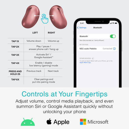 MEE audio Pebbles True Wireless Earbuds - Bluetooth 5.3 Low Profile in Ear Lightweight Headphones with Headset Microphone & Call Noise Reduction for Gym/Workouts/Sports and Gaming, Rose Gold