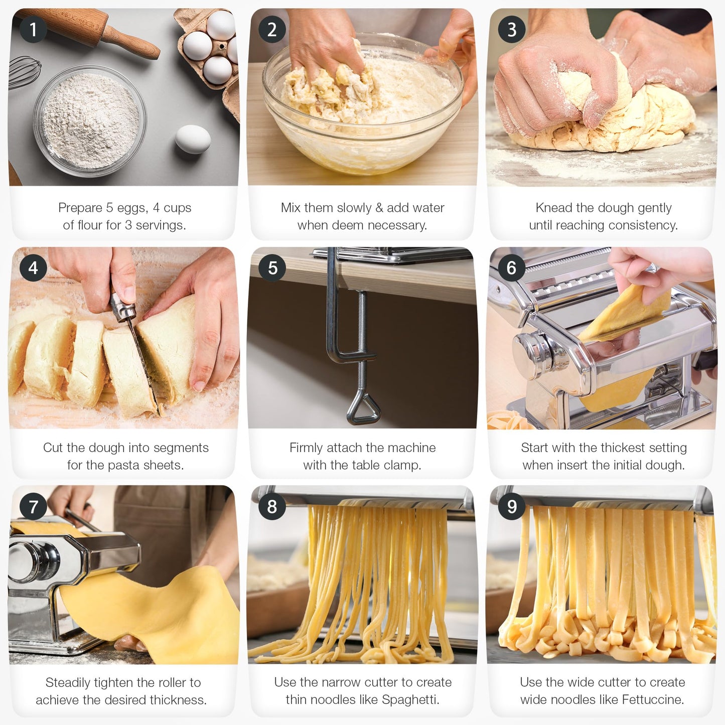 ISILER Pasta Maker, 9 Adjustable Thickness Settings 2-in-1 Pasta Machine with Rollers and Cutter, Noodle Maker for Pasta, Dumpling Skin, Spaghetti, Fettuccini, Lasagna