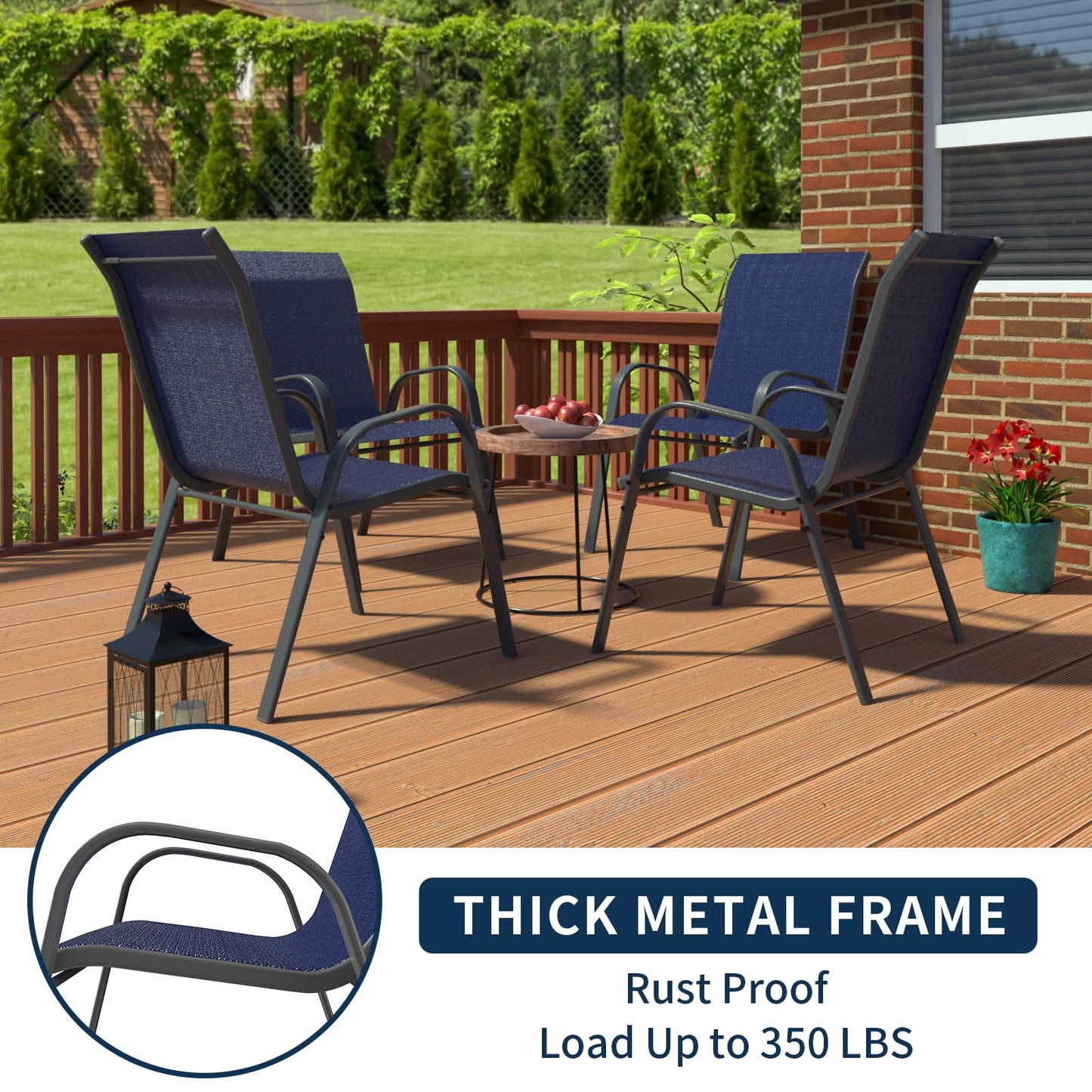 Amopatio Patio Chairs Set of 4, Outdoor Stackable Dining Chairs for All Weather, Comfortable Breathable Garden Outdoor Furniture for Backyard Deck, Blue