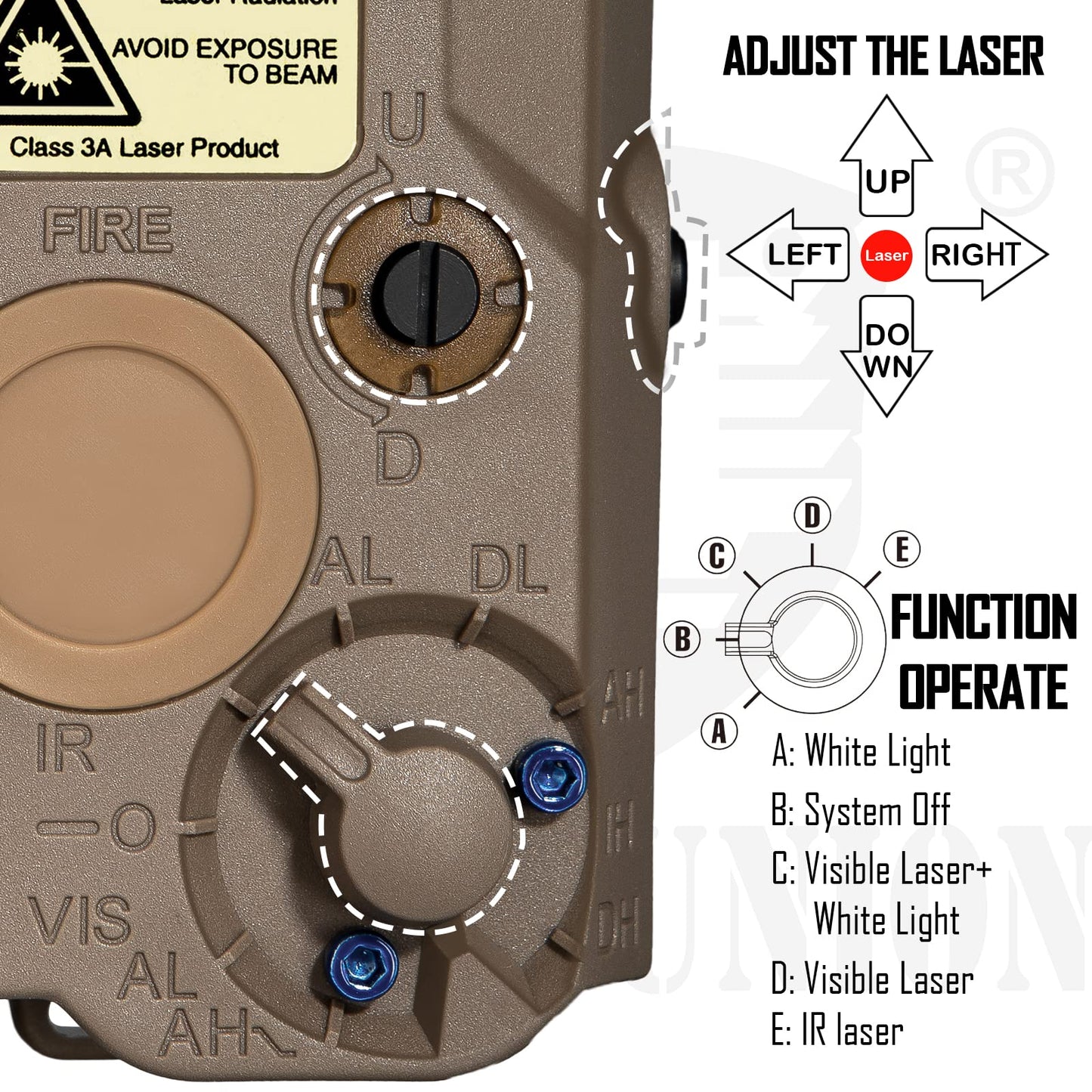 ACTIONUNION Airsoft PEQ-15 IR Laser + Visible Red Laser + White LED Flashlight (Tan)