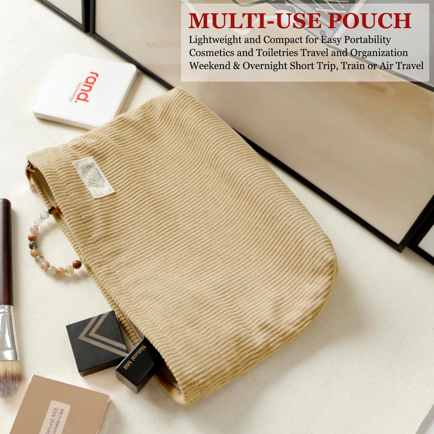 HAPPYHEIDI Creamy White Corduroy Makeup Bag Cosmetic Toiletry Travel Pouch, Make Up Accessory Purse Organizer, Canvas Lined