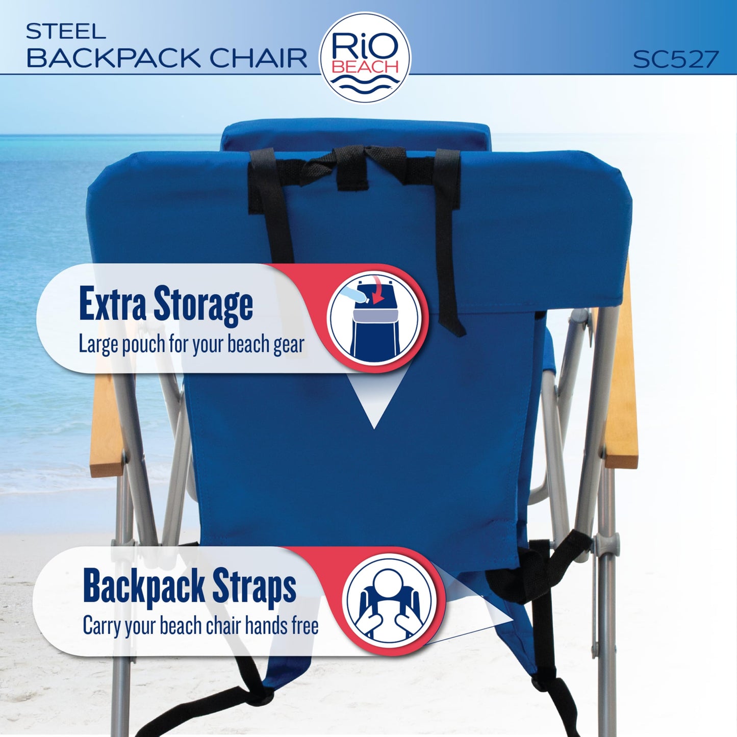 Rio Beach Original 4-Position Steel Backpack Chair with Pillow, Hands-Free Beach Chair Backpack for Adults, Navy