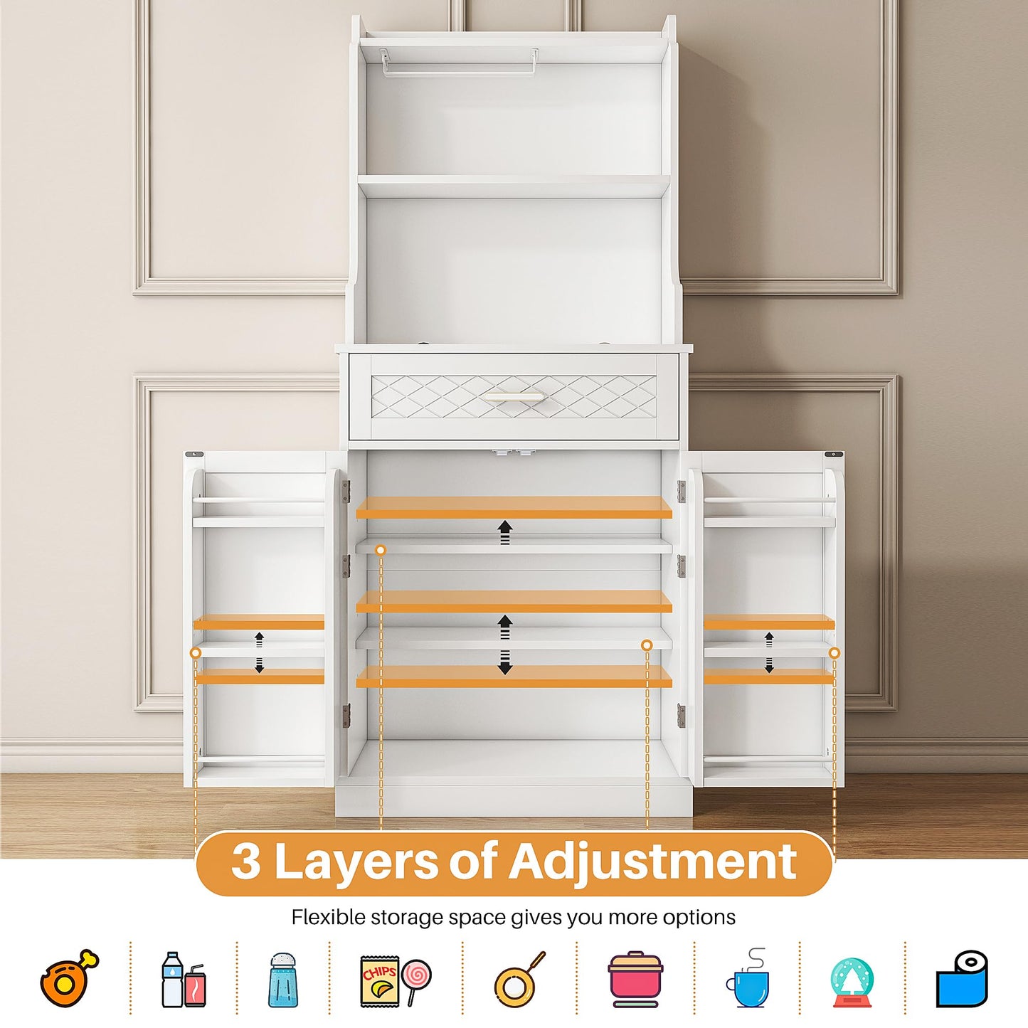 kepptory 66" Kitchen Pantry Cabinet with Microwave Shelf, Pantry Storage Cabinet with Adjustable Shelves and Drawer, Kitchen Buffet Cupboards Sideboard for Home Office Use (16" D x 24" W x 66" H)