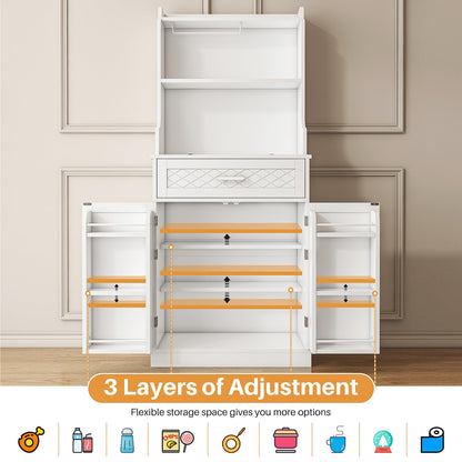 kepptory 66" Kitchen Pantry Cabinet with Microwave Shelf, Pantry Storage Cabinet with Adjustable Shelves and Drawer, Kitchen Buffet Cupboards Sideboard for Home Office Use (16" D x 24" W x 66" H)