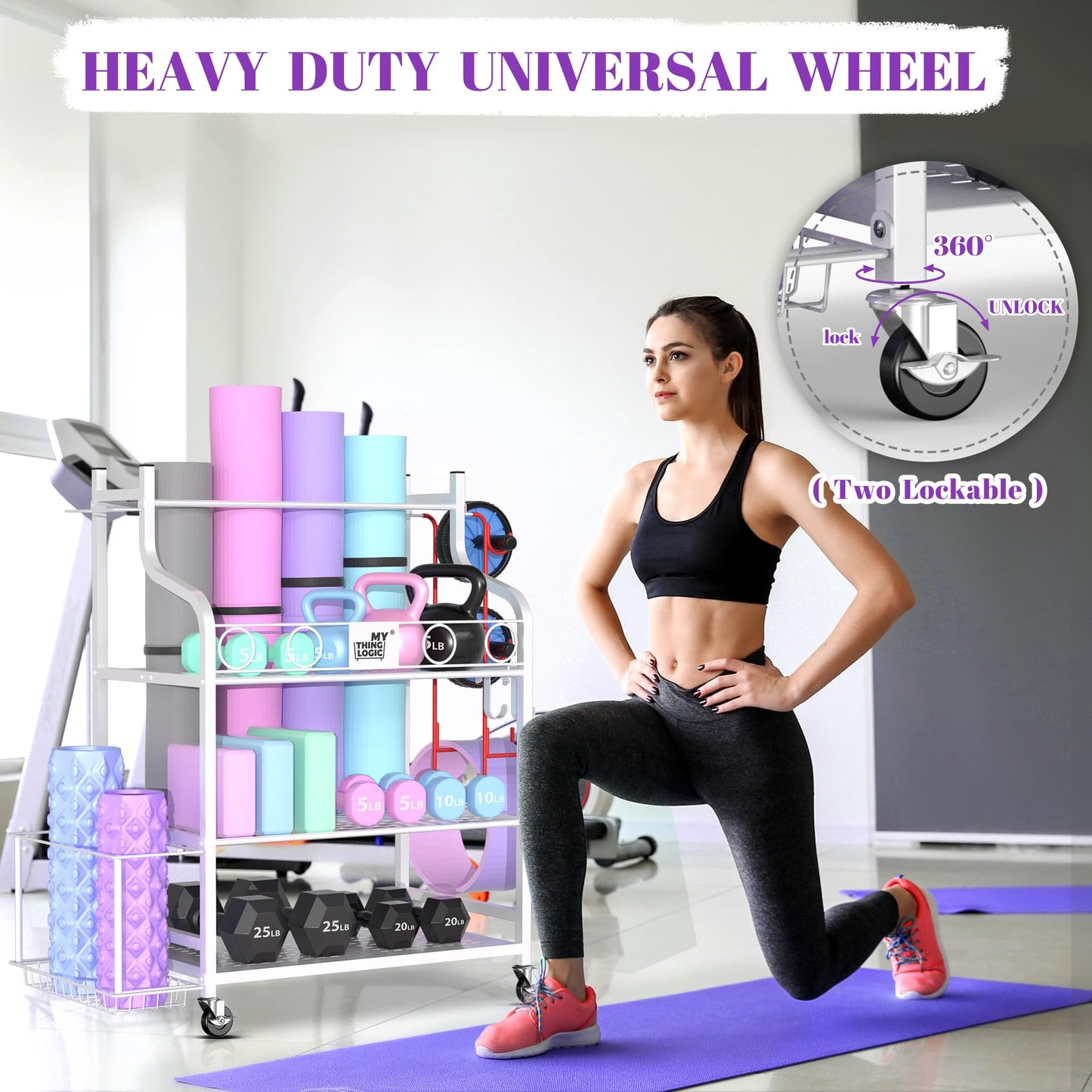 Mythinglogic Yoga Mat Storage Racks,Home Gym Storage Rack for Dumbbells Kettlebells Foam Roller, Yoga Strap and Resistance Bands, Workout Equipment Storage Organizer With Hooks and Wheels