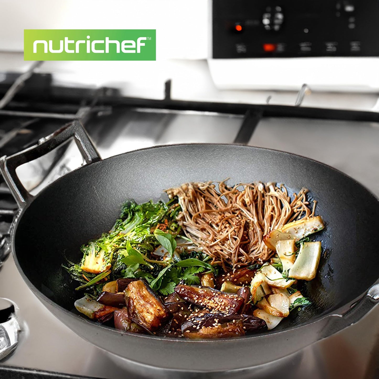 NutriChef Cast Iron Wok with Wooden Lid - Pre-Seasoned Chinese Wok for Stir-Fry, Compatible with Multiple Cooktops Including Induction, Large 5.8 Qt Capacity, 12" Diameter