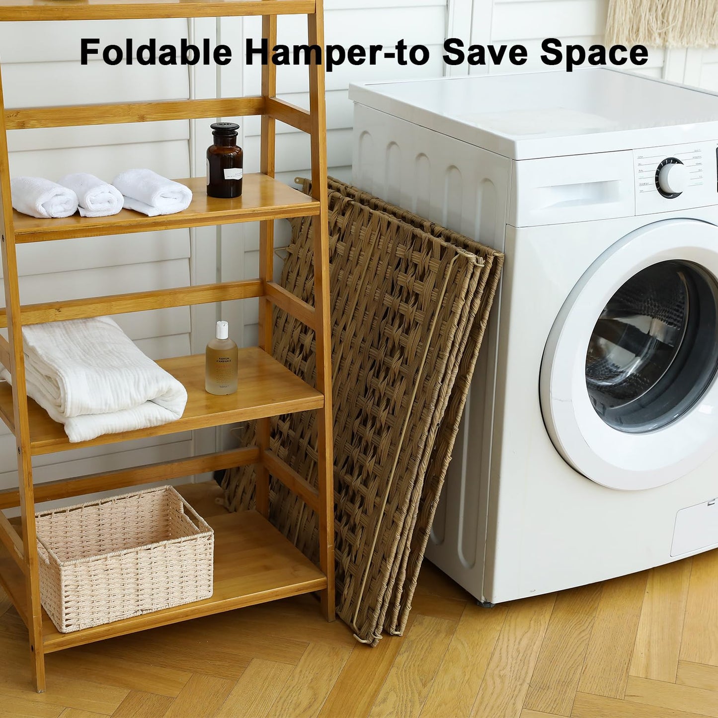 OIAHOMY Laundry Hamper with Lid, 140L Clothes Hamper with 3 Removable Liner Bags, Foldable Basket with Lid, Synthetic Wicker Laundry Basket for Bedroom, 27x 13 x 26 Inches, Yellow