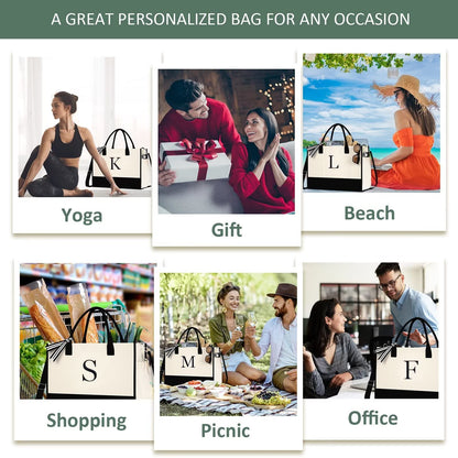 QLOVEA Canvas Beach Tote Bag Womens Birthday Gifts 16oz Personalized Initial Canvas Bag with Strap & Zipper & Pockets Monogrammed Embroidery Bridesmaid Gifts for Mom Sisters Friends Letter S