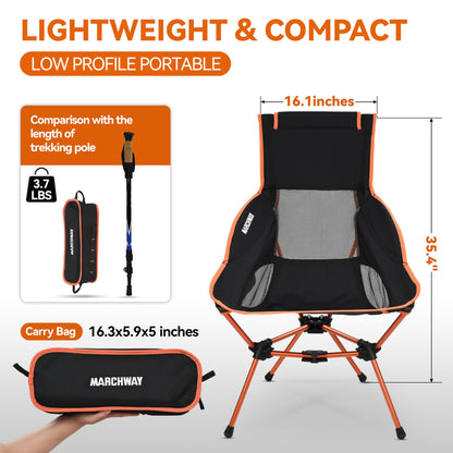 MARCHWAY Lightweight Folding High Back Camping Chair with Head Support, Stable Portable Compact for Outdoor Camp, Travel, Beach, Picnic, Festival, Hiking, Backpacking (Highback Orange)