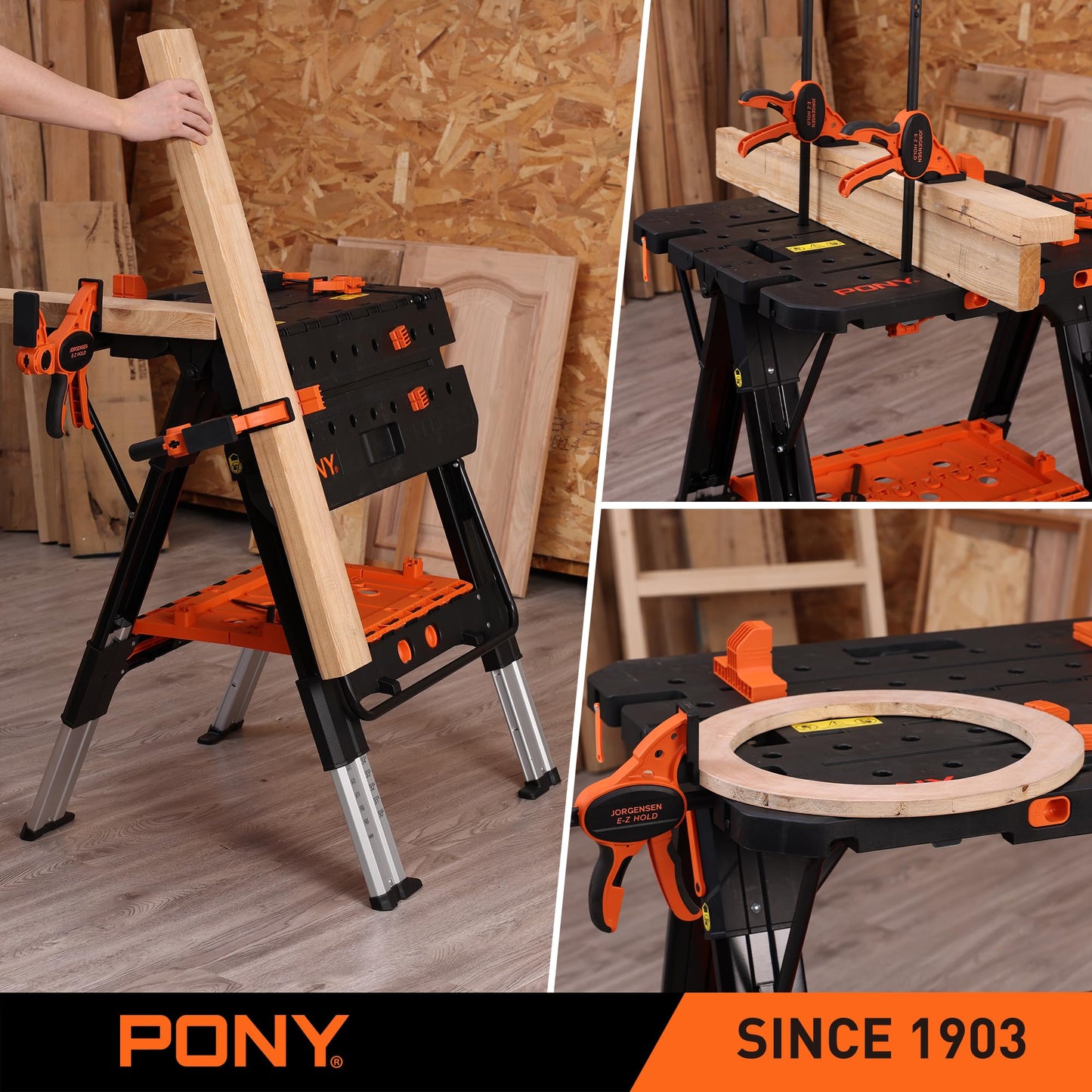 Pony Portable Folding Work Table, 2-in-1 as Sawhorse & Workbench, 31” W×25” D×25”-35”H, Large Load Capacity with 4pcs Clamps, 4pcs Bench Dogs