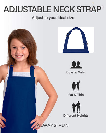 ONEOMI Kids Apron, Medium, 100% Cotton with an Adjustable Strap to fit All Ages, Ideal for Cooking, Baking, Painting, Decorating, Party, Chef, Art and Classroom Children Apron (1, Navy Blue)