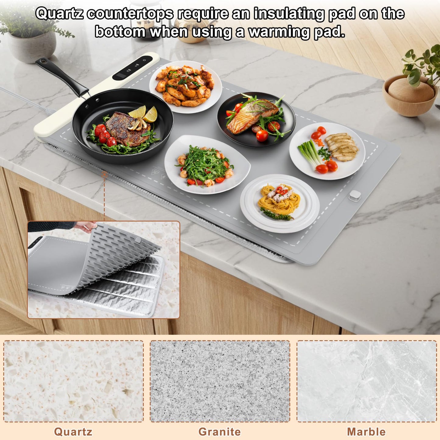 FYY Food Warming Mat - Electric Warming Tray with 6 Temperature Settings and 6 Hours Timer, Full Surface Graphene Heating Food Warmer, Premium Rollable Heating Tray for Gatherings, Parties, Grey