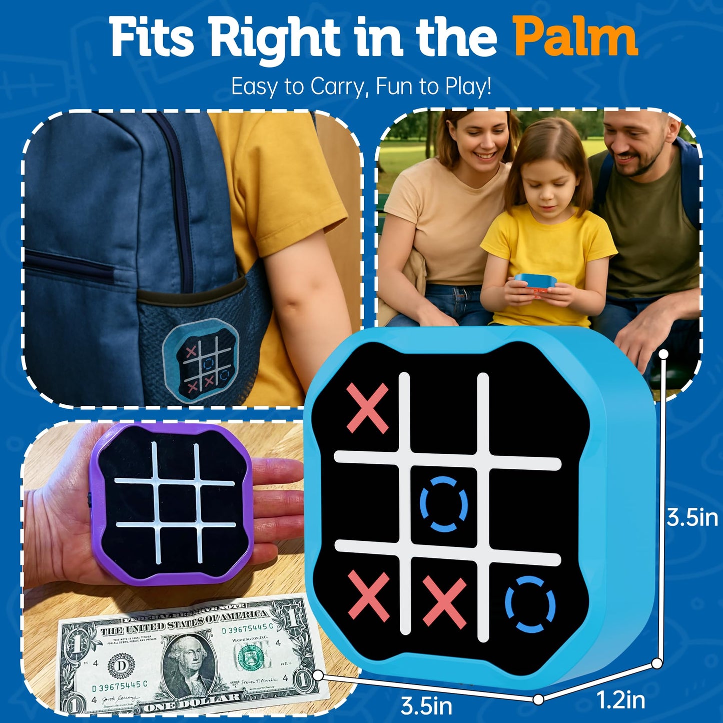 MASSRT 3 in 1 Electronic Tic Tac Toe Game, Handheld Digital Tic Tac Toe Bolt Game with Silent Mode, Portable Learing Toy Gift for Kids & Adults, Blue (One Pack)
