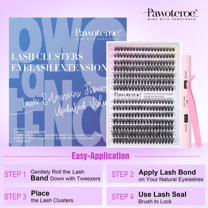 Pawotence Lash Extension Kit DIY 280pcs Lash Clusters Eyelash Extension Kit, 9-16mm 30D 40D Individual Lashes Kit with Lash Bond and Seal, Lash Tweezers for Self Use (30D&40D, 0.07D, 9-16mm, Kit)