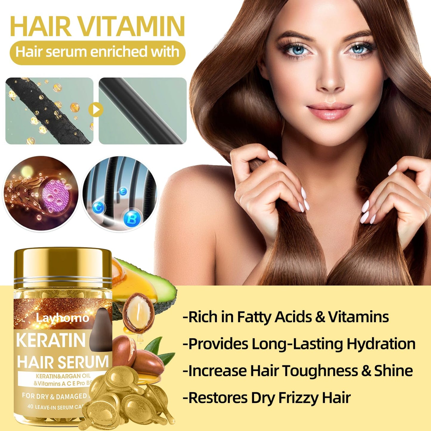 Keratin Hair Treatment Serum,Hair Treatment Oil for Dry Damaged Hair,Hair Oil Capsules with Keratin,Argan Oil-Leave-in Anti Frizz Conditioner with Vitamins A, C, E & B5- No Rinse for All Hair Types